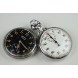 A vintage Ingersoll Regent top winding pocket watch with black dial together with a stopwatch.