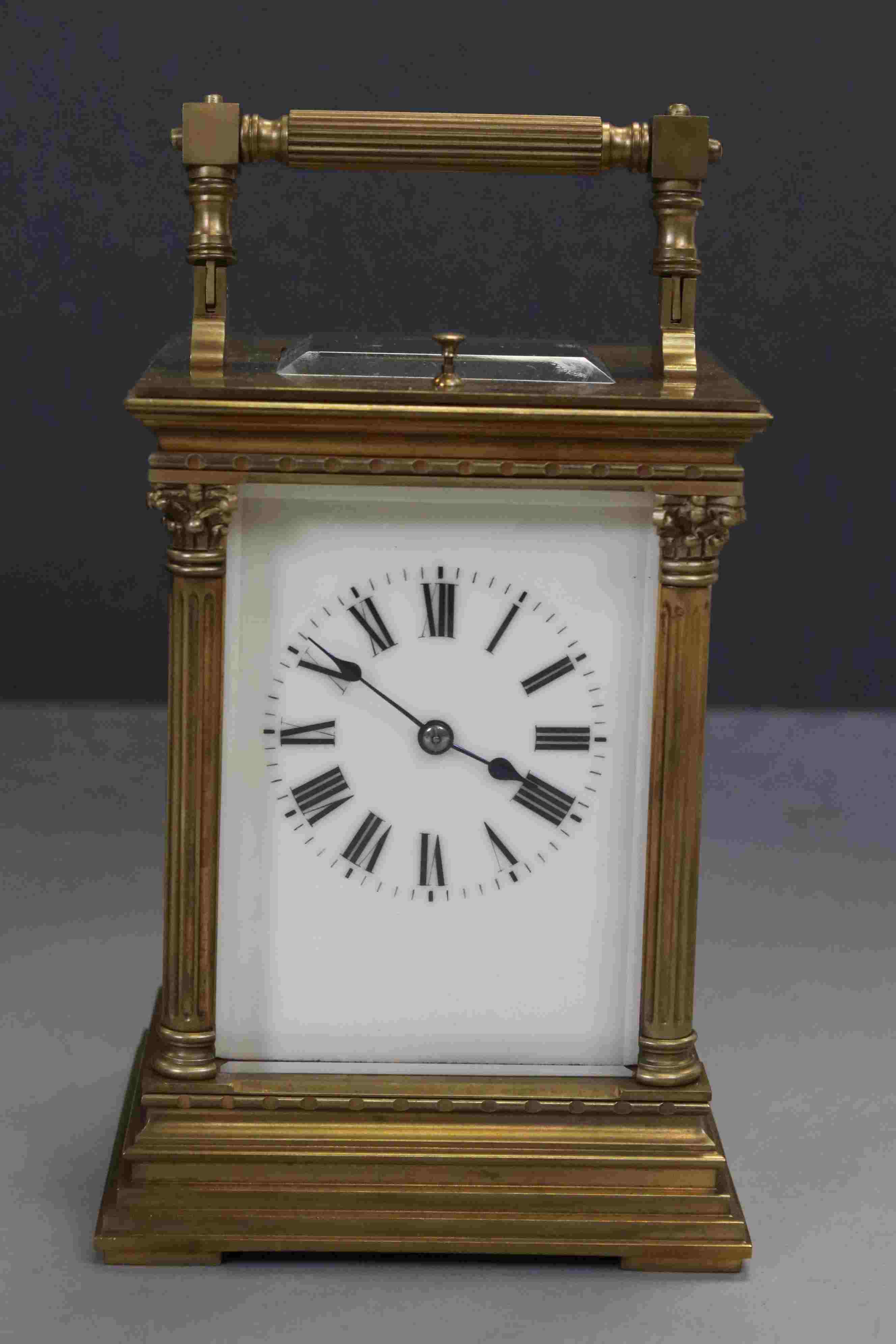 A large French brass cased repeater carriage clock with enamel dial and original travel case. - Image 2 of 9