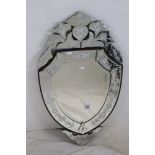 Venetian style shield-shaped Mirror with etched detail, 47cms x 80cms