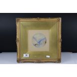 After J M W Turner, watercolour depicting a boat on a Fjord, 11 cm diameter, framed and glazed