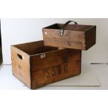 A vintage wooden box marked S.S.&M with handles to ends together with a vintage wooden trug marked