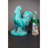 Large Turquoise Glazed Ceramic Model of a Cockerel, 49cms high together with a Majolica style Glazed