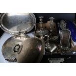 A quantity of Silver plate and metal ware to include trays candle sticks tankards, toast racks,