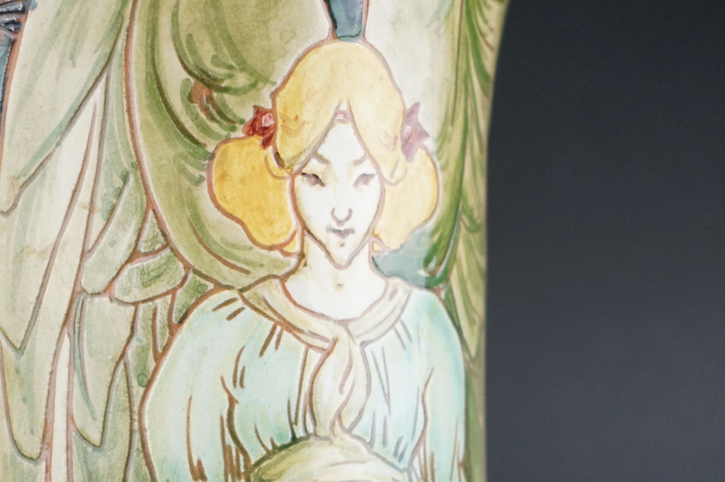 A large Art Nouveau Della Robbia Pottery Cylindrical vase decorated with Angels by Cassandia Anni - Image 4 of 9