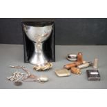 A box of mixed collectables to include a vesta case, needle case, stirrup cup, sovereign holder,