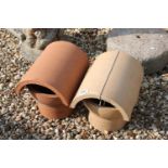 Two clay chimney pots, cowls approx. 7" outside diameter