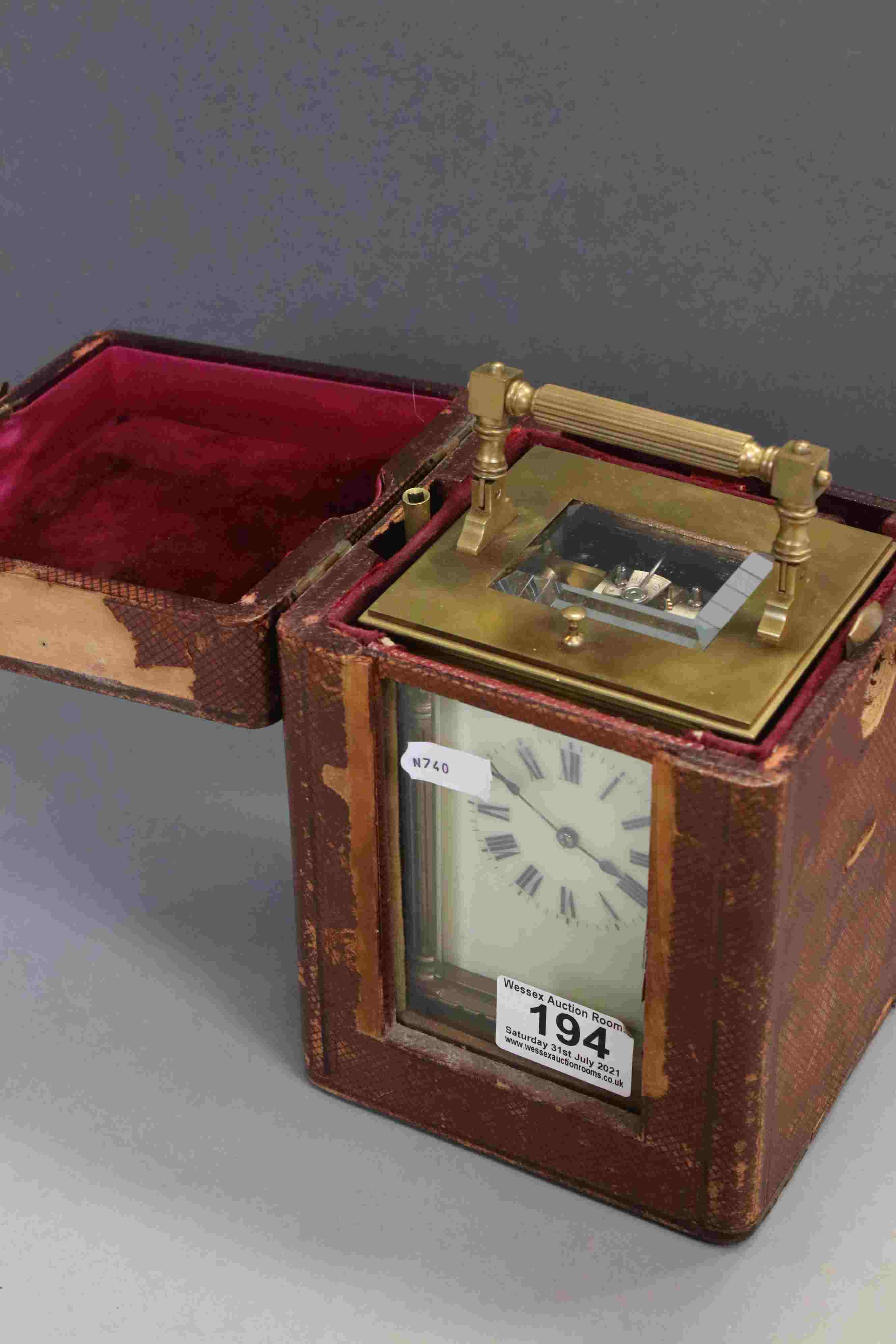 A large French brass cased repeater carriage clock with enamel dial and original travel case. - Image 7 of 9