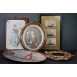 A gilt metal oval picture frame, three paintings on silk of Chinese Junks, Lucien Levy painted