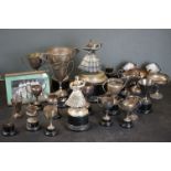 A box of silver plated trophy's and awards to include Ball Room Dancing examples.