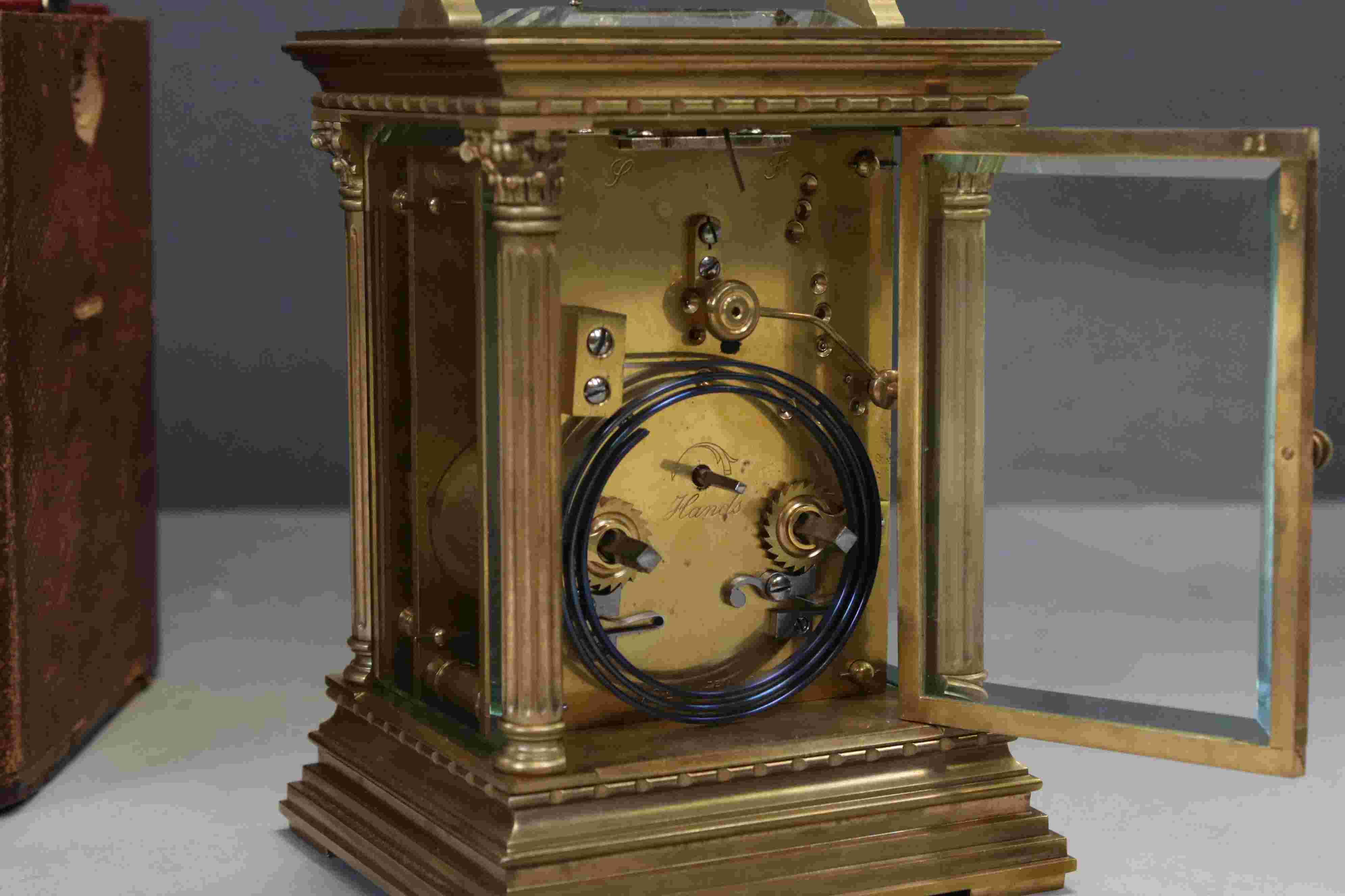 A large French brass cased repeater carriage clock with enamel dial and original travel case. - Image 3 of 9