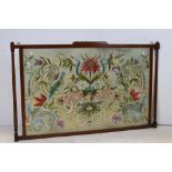 Embroidered part silk floral needlework panel, in an Edwardian mahogany frame, approx. 74cm x