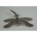 Large silver dragonfly brooch, set with marcasites and semi precious stones