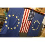Three large flags to include Council Of Europe x2 & USA