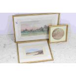 Three framed watercolours, a village scene with cattle in a meadow & two other scenic views