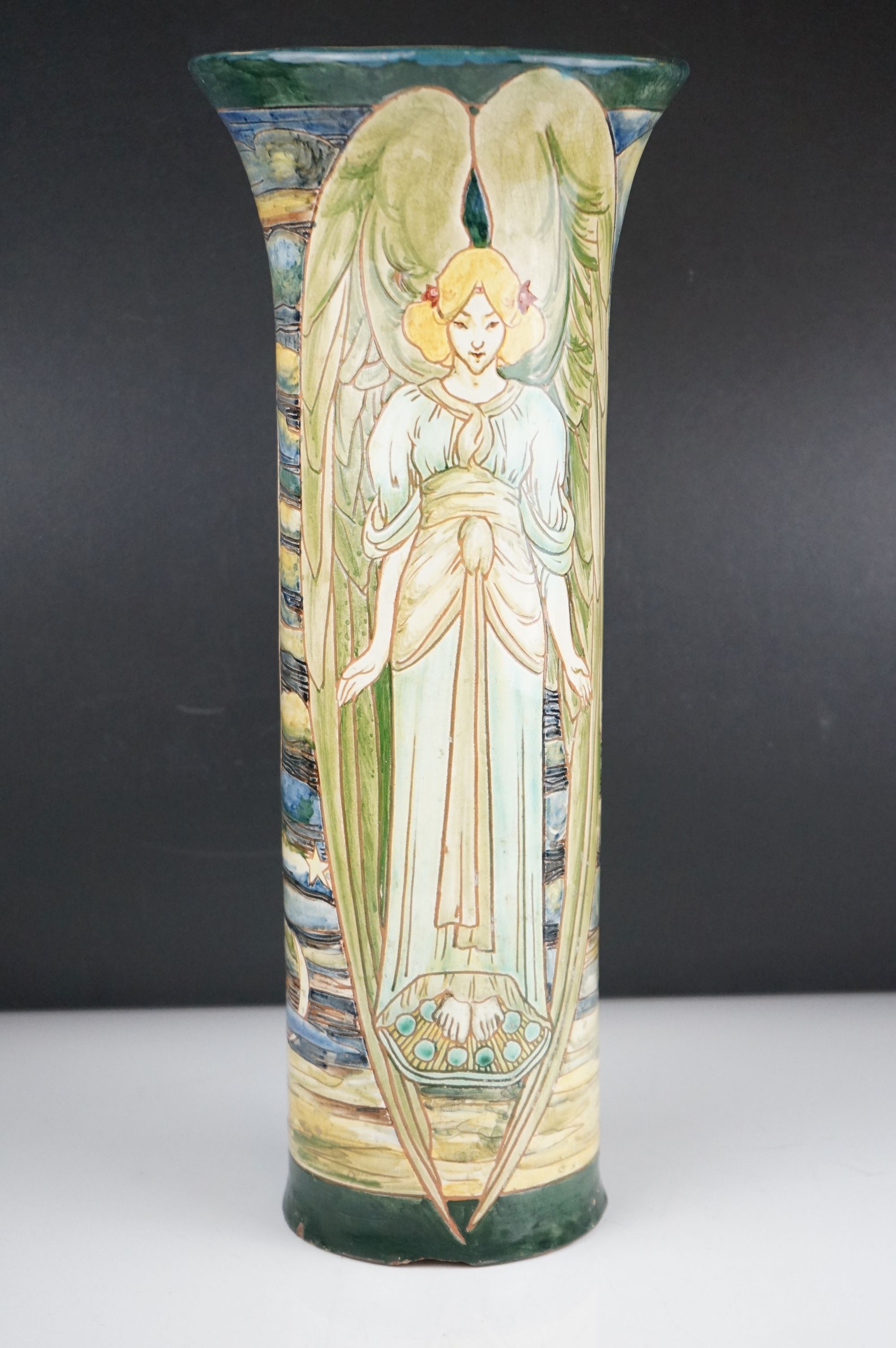 A large Art Nouveau Della Robbia Pottery Cylindrical vase decorated with Angels by Cassandia Anni - Image 2 of 9