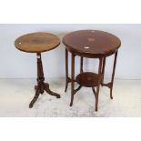 Walnut and Oak Circular Pedestal Wine Table, 46cms wide x 76cms high together with an Edwardian