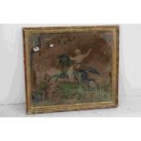 Framed and glazed Antique Woolwork tapestry, man on horse hunting a Tiger, 59 x 66 cm