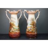 Two twin handled vases, both with farmyard scenes, signed Gleeton 1908