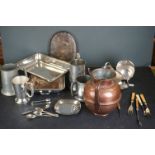 A collection of mixed metalware to include silver plate, pewter and copper ware.