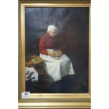 A 19th century oil on canvas of a seated old woman in an interior setting with basket of fruit,
