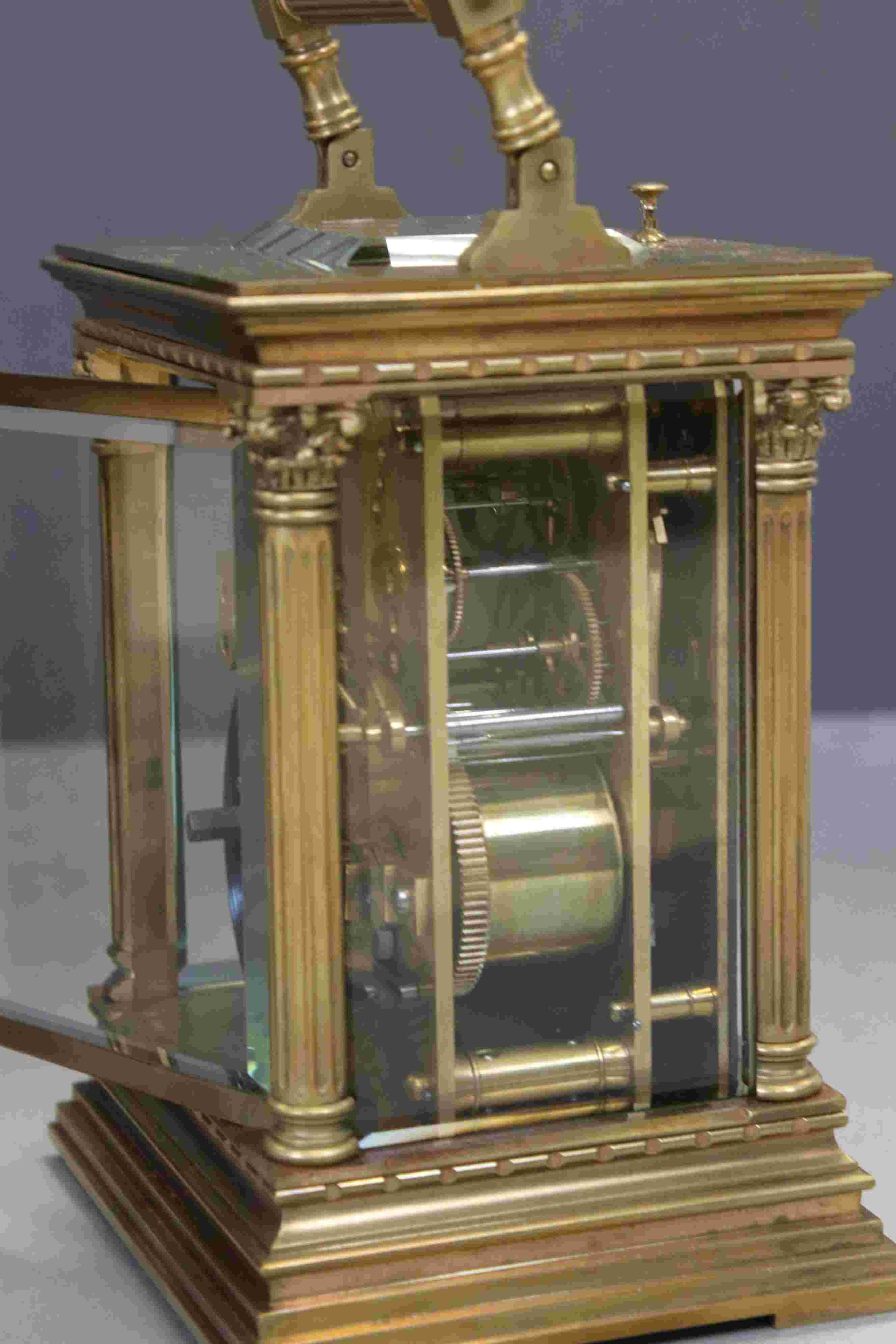 A large French brass cased repeater carriage clock with enamel dial and original travel case. - Image 5 of 9