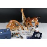 Group of Lomonosov figures, two Lomonosov models, a giraffe and a ceramic horse, a box of glass