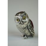 Cast sterling silver wise owl pincushion, with glass eyes