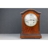 Edwardian Mahogany Inlaid Mantle Clock, the silvered face with Arabic Numerals and marked' Bristol