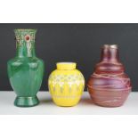 Three 20th century glass vases to include green ground vase with red glass cabochon style