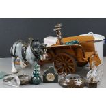 A box of mixed collectables to include a large ceramic horse with wooden cart, glass paperweight and