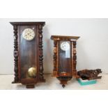 Two vintage wooden cased twin train movement wall clocks (af)