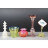 Five Items of Glass including a Vaseline Jack in the Pulpit Vase, Bohemian Vase, Bohemian Opaque
