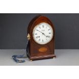 Comitti of London Edwardian style Arched Mahogany Inlaid Cased Mantle Clock, 8 day movement, with