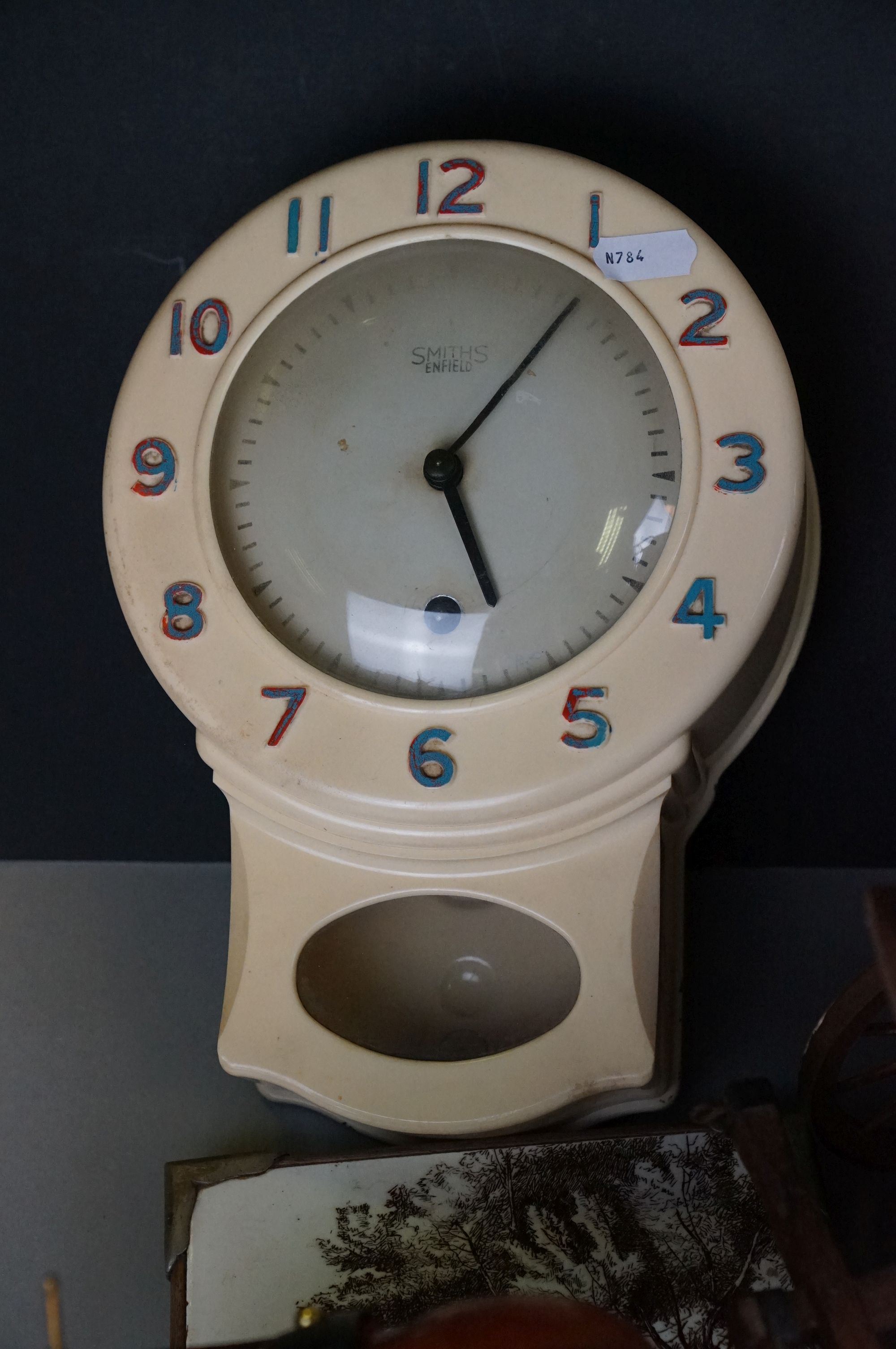 A box of mixed collectables to include a Smiths wall clock, a wooden Wells Fargo US Mail model - Image 8 of 11