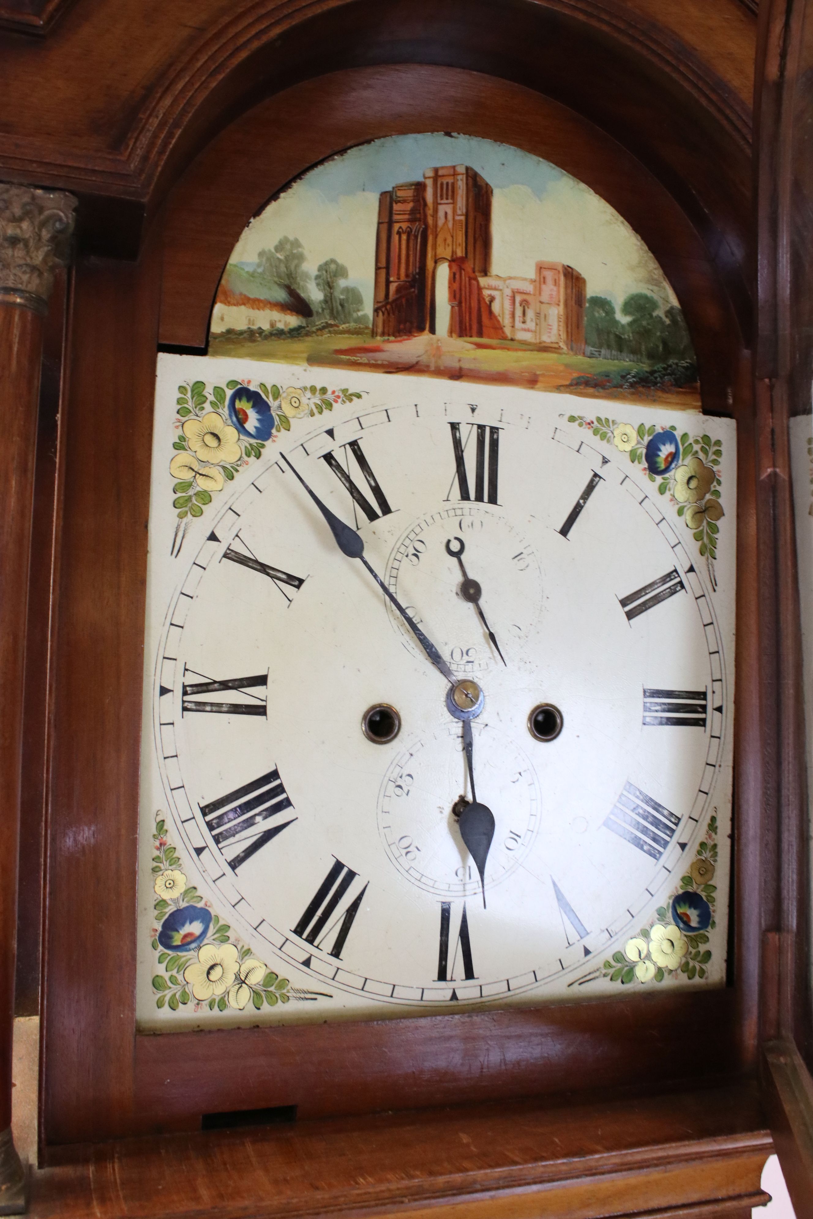 19th century Mahogany 8 day Longcase Clock, the arched dial painted with the scene of a Folly, the - Image 3 of 10
