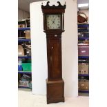 19th century Oak Longcase Clock, the painted face with Arabic and Roman Numerals, Date Aperture