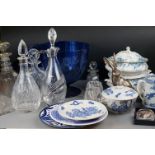 Two Trays of Mixed Lot of Ceramics and Glass including Large Blue Glass Footed Bowl, Blue Glass Jug,