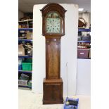 19th century Mahogany 8 day Longcase Clock, the arched dial painted with the scene of a Folly, the