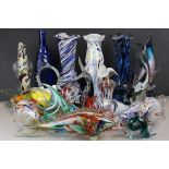 Two Trays of Coloured Glass including Eight Murano Fish Vases, Seven Glass Fish, Glass Smail,