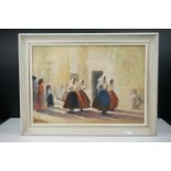 Nettie Moon, Oil on Board of Figures in a Street, 34cms x 14cms, framed