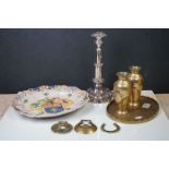 A pair of Japanese brass vases and a Chinese brass tray together with a group of horse brasses and a
