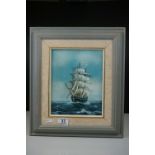 Oil on Canvas of a Tall Ship, indistinctly signed lower left, 18cms x 24cms
