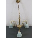 Gilt Brass Three Branch Hanging Ceiling Light with Pale Green Glass Shades, 59cms diameter