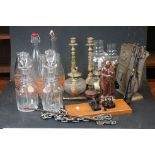 A group of mixed collectables to include Oil Lamps, milk bottles, brass candlesticks, small fireside