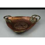 Arts and Crafts Hammered Coppered Triangular Dish, the centre with an embossed eagle motif, with