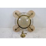 Art Deco Style Gilt Metal Four Branch Ceiling Light with Peach Tinted Glass Shades, 80cms diameter