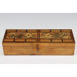Early 20th century Wooden Games Box, the hinged lid with a Cribbage Board and decorated with playing