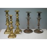 Pair of Victorian brass baluster candlesticks, approx. 28cm & a single candlestick, approx. height