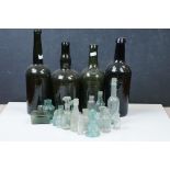 Four Antique Green Glass Bottles together with other Clear and Green Glass Ink Bottles etc