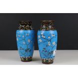 Pair of Blue Ground Cloisonne Vases decorated with Flowering Branches, 19cms high